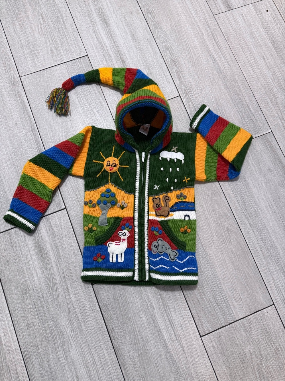 Hand-Knit Artesanias Green Multi Animal Hooded Kids ZIP UP SWEATER